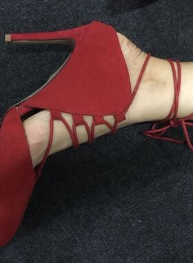 交叉缠绕女鞋凉鞋尖头超高跟红色黑色系带包头2020