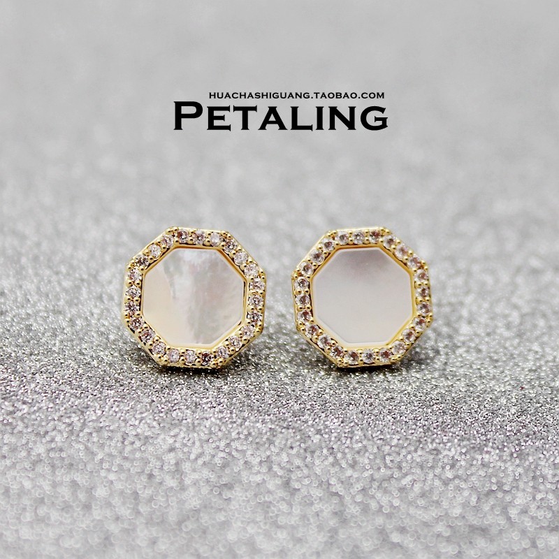 法式精工天然彩贝六角菱形微镶锆石耳钉女S925纯银针轻奢精致质感