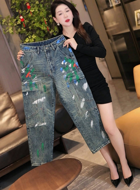 INTI秋冬高端潮牌美式宽松直筒泼墨涂鸦拼接机车男士牛仔裤哈伦