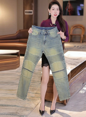 INTI秋冬美式高端品质潮牌牛仔裤男宽松直筒复古做旧机车裤男拼接