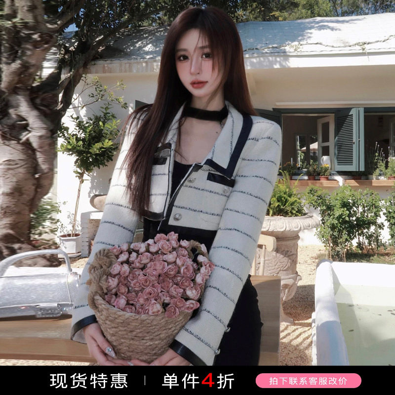MIMI PLANGE复古高腰翻领条纹皮质镶边通勤西装外套直筒皮裤女