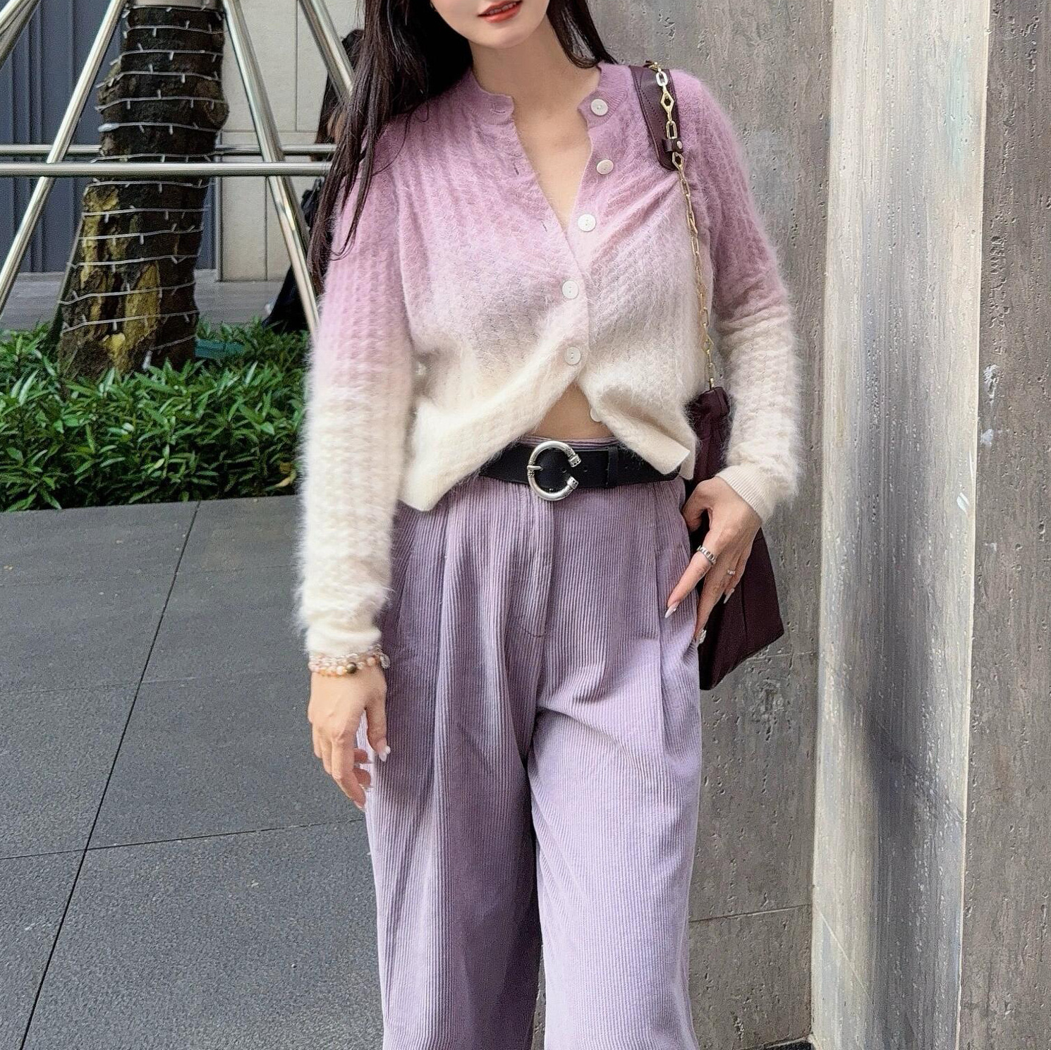 新款紫色渐变羊毛针织开衫