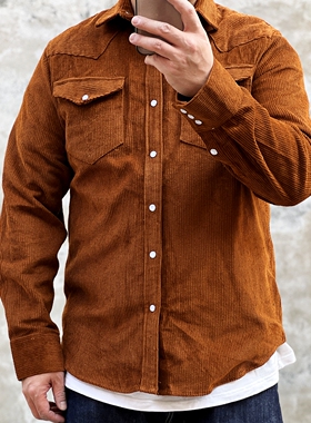 廉平自由vintage美式复古Double系重磅厚灯芯绒翻领合身工装衬衫