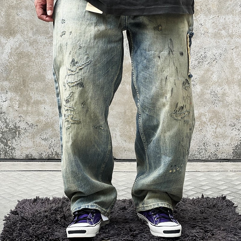 ANCELLM平替 日系冈山Ben's破烂补丁点漆赤耳宽松牛仔裤Vintage潮,男装,牛仔裤,淘宝优惠券,粉丝福利购,淘宝优惠卷