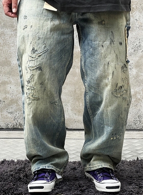 ANCELLM平替 日系冈山Ben's破烂补丁点漆赤耳宽松牛仔裤Vintage潮