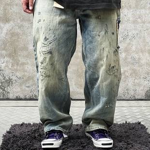 ANCELLM平替 日系冈山Ben's破烂补丁点漆赤耳宽松牛仔裤Vintage潮
