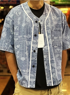 毒货日单 Okayama腰果花棒球款做旧砂洗牛仔衬衫Aibe穿搭风潮慵懒