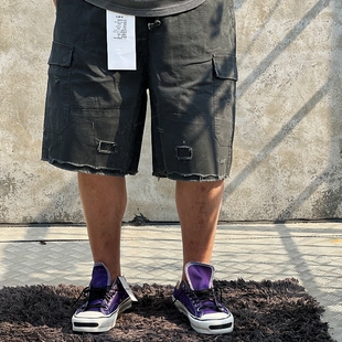 平替MADSS 日系复古Vintage格子布破烂水洗做旧多袋工装五分短裤