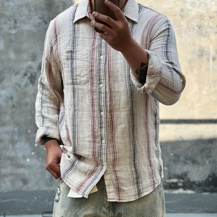 进口面料 Vintage欧美复古垂感松弛慵懒条纹宽松衬衫 津巴棉 艺术