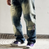 平替FDMTL津吉学 复古水洗做旧拼接boro补丁冈山赤耳直筒牛仔裤 潮