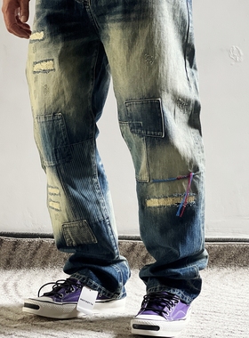 平替FDMTL津吉学 复古水洗做旧拼接boro补丁冈山赤耳直筒牛仔裤潮