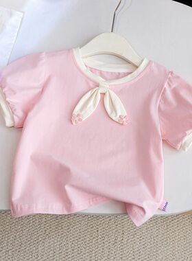 0-6岁女童纯棉夏季T恤2026新款小女孩清新甜美蝴蝶结短袖上衣洋气