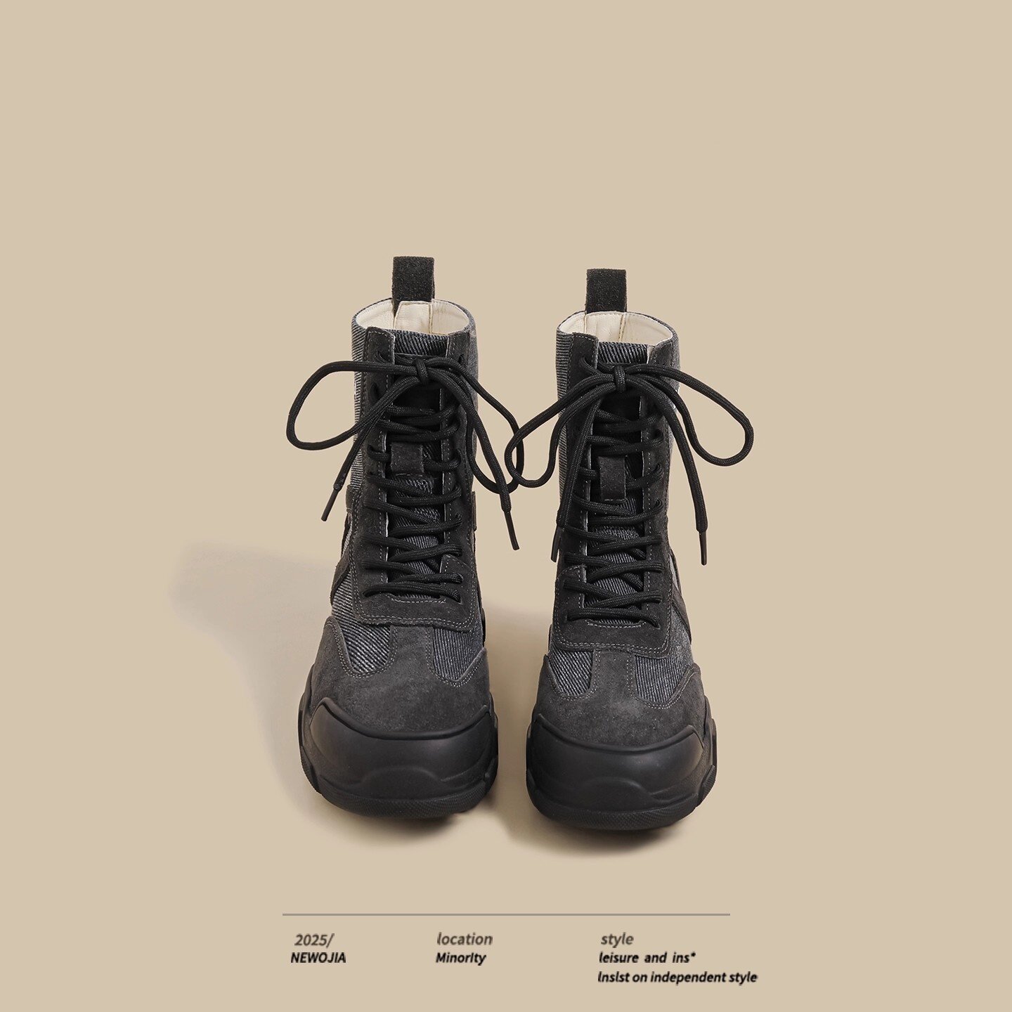 2025夏季新款厚底马丁靴女黑色薄款户外运动透气英伦风德训高帮靴