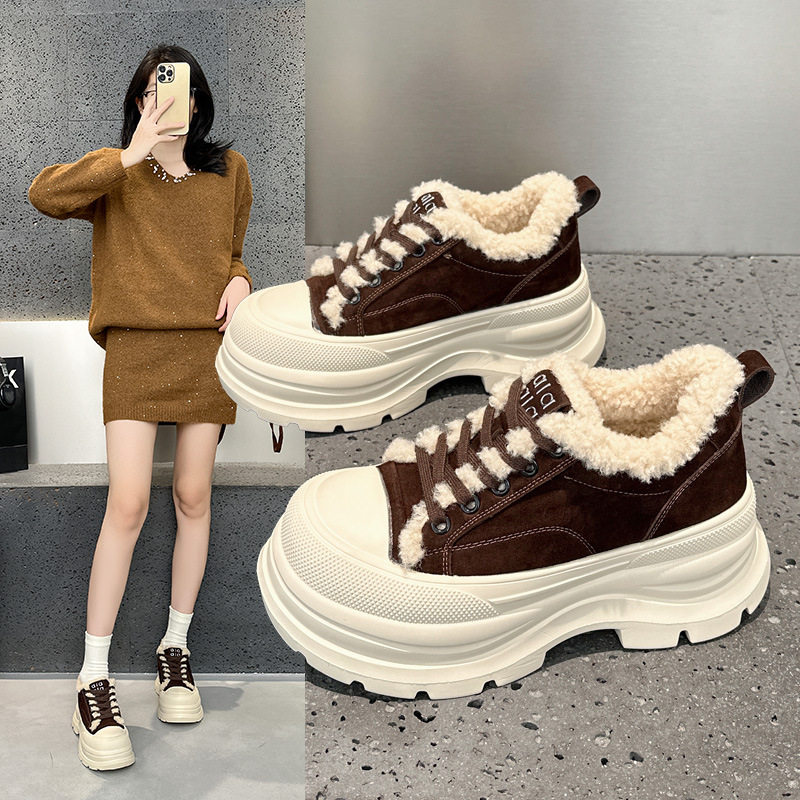 丑萌大头厚底豹纹小白鞋女2026秋冬季新款保暖加绒小个子休闲棉鞋