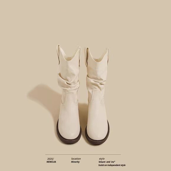 2025秋冬季新款马丁靴女白色复古v口中粗跟褶皱堆堆靴中筒骑士靴,女鞋,马丁靴,淘宝优惠券,粉丝福利购,淘宝优惠卷