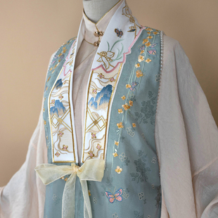 素改良长衫 桂堂仙 明制绣花比甲重工仙汉服蓝色绿色原创汉元