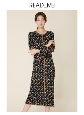 Readme读我女提花长袖长裙复古针织连衣裙80284342