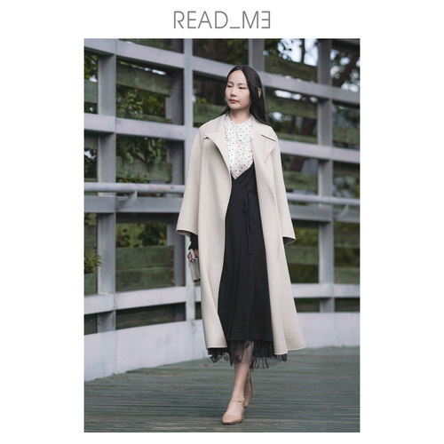 readme羊毛双面呢长款OL腰带大衣