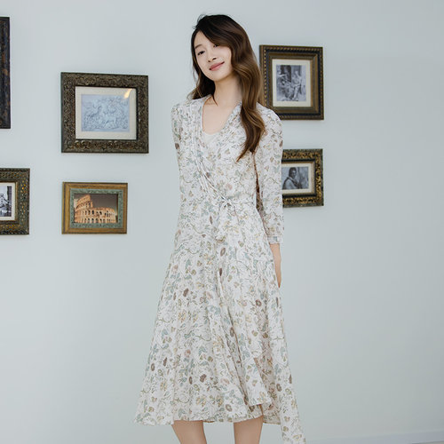 README复古修身斜襟印花