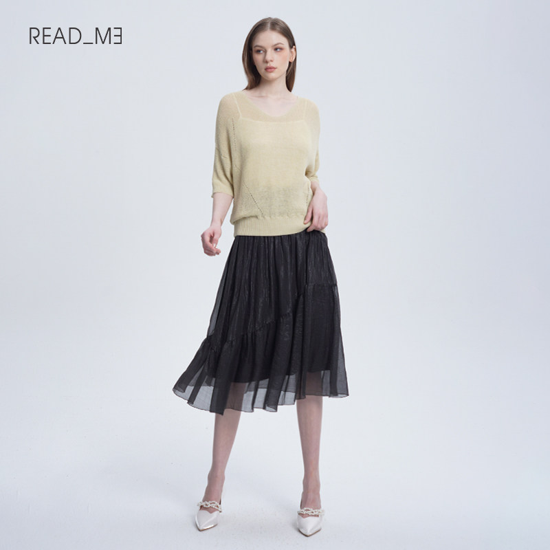 Readme读我短袖浅鹅黄舒爽V领显瘦女短亚麻针织衫50216541