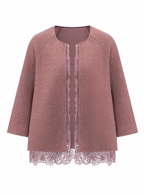 Readme读我秋冬新品女绵羊毛印花复古领红紫色外套B10612305