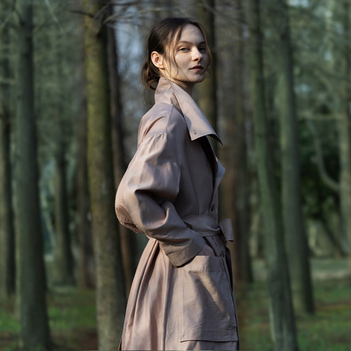 Readme立翻领长款经典丝绵混纺