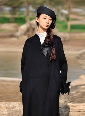 READ_ME读我黑色蝴蝶结装饰A摆羊毛大衣B80921250