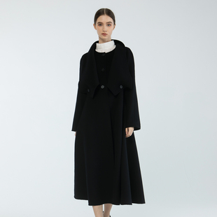 READ_ME黑色经典领口叠片修身A摆羊毛羊绒长款大衣B10925425