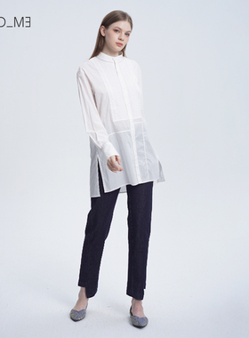 商场同款readme23新品H型白色百搭女棉中长立领长袖衬衫50106124