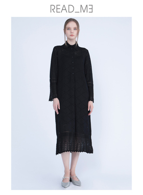 Readme读我冬新品翻领针织羊毛桑蚕丝长款镂空连衣裙60203248