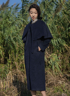 READ_ME读我黑色简约无领可脱卸披肩直身包容长款大衣B80934325