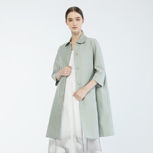 Readme读我秋冬新品女绿色丝绵混纺复古领连袖外套风衣B20612520