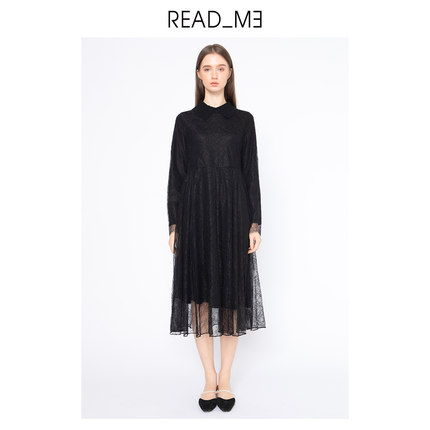readme读我新品女士连衣裙长裙蕾丝黑色显瘦修身长袖70203149