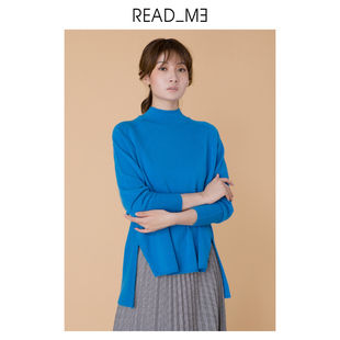80276548 readme读我女士毛衣打底衫 宽松蓝色羊毛半高领针织衫