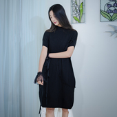 READ_ME读我黑色精致茧型立领修身 流苏针织短袖 连衣裙B90239247