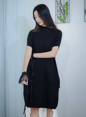 READ_ME读我黑色精致茧型立领修身流苏针织短袖连衣裙B90239247