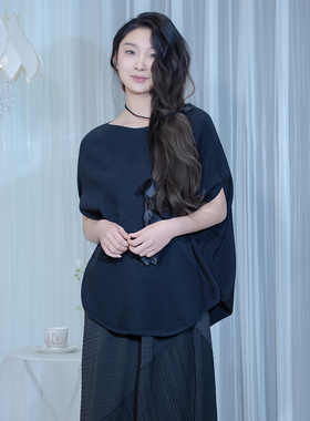 READ_ME读我黑色简约一字领立体落肩O型针织套衫B80206247