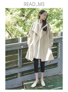 readme读我秋冬休闲文艺宽松脱卸帽双面呢大衣女B30924407