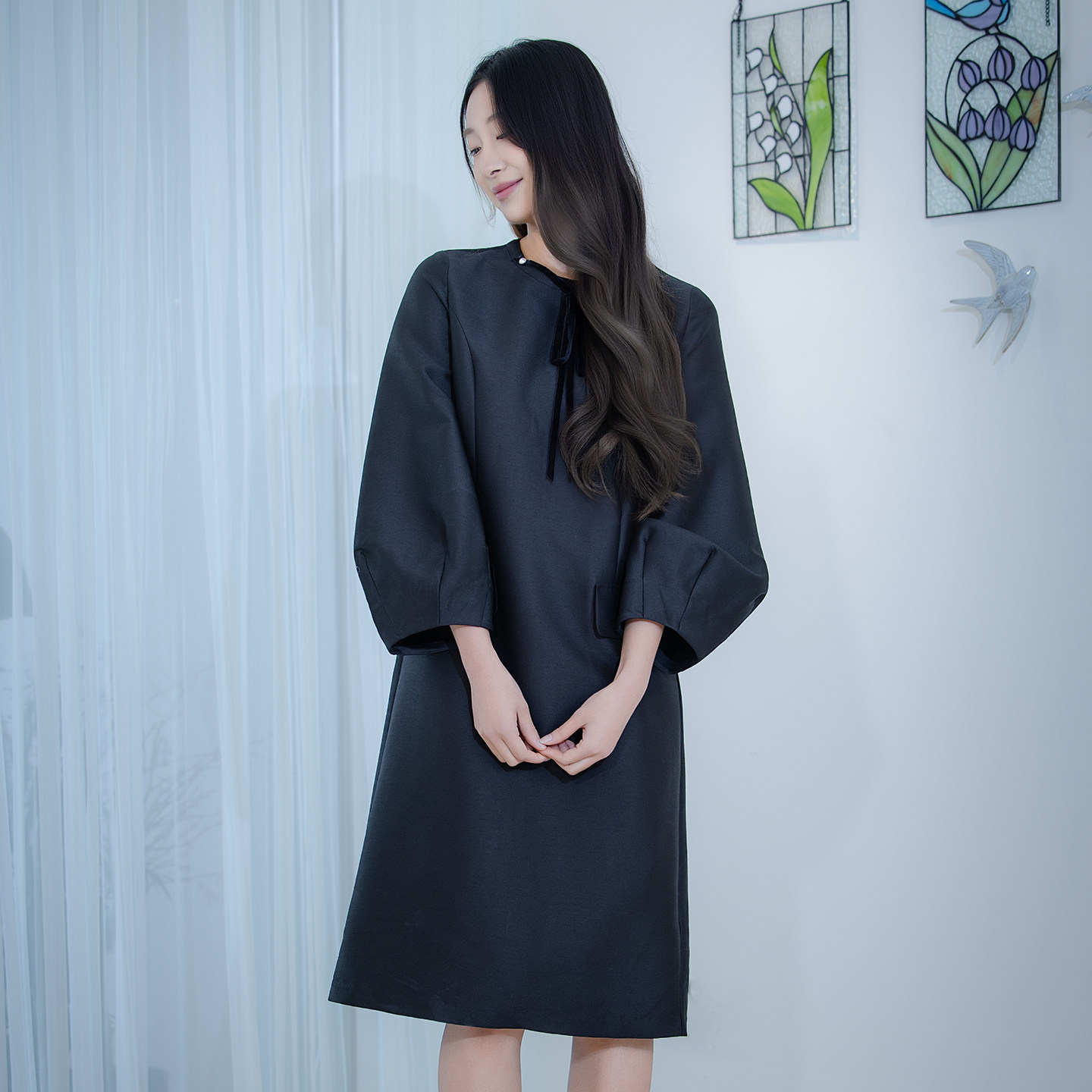 READ_ME读我黑色泡芙袖小圆领直身可卸蝴蝶结丝毛连衣裙B90822333