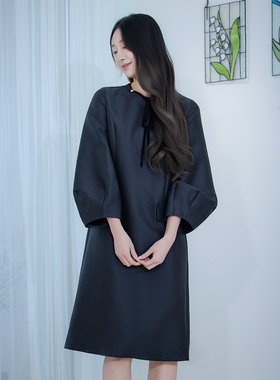 READ_ME读我黑色泡芙袖小圆领直身可卸蝴蝶结丝毛连衣裙B90822333