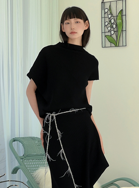 READ_ME读我黑色高雅立领斜纹拼接挺阔显身材针织套衫B50207247