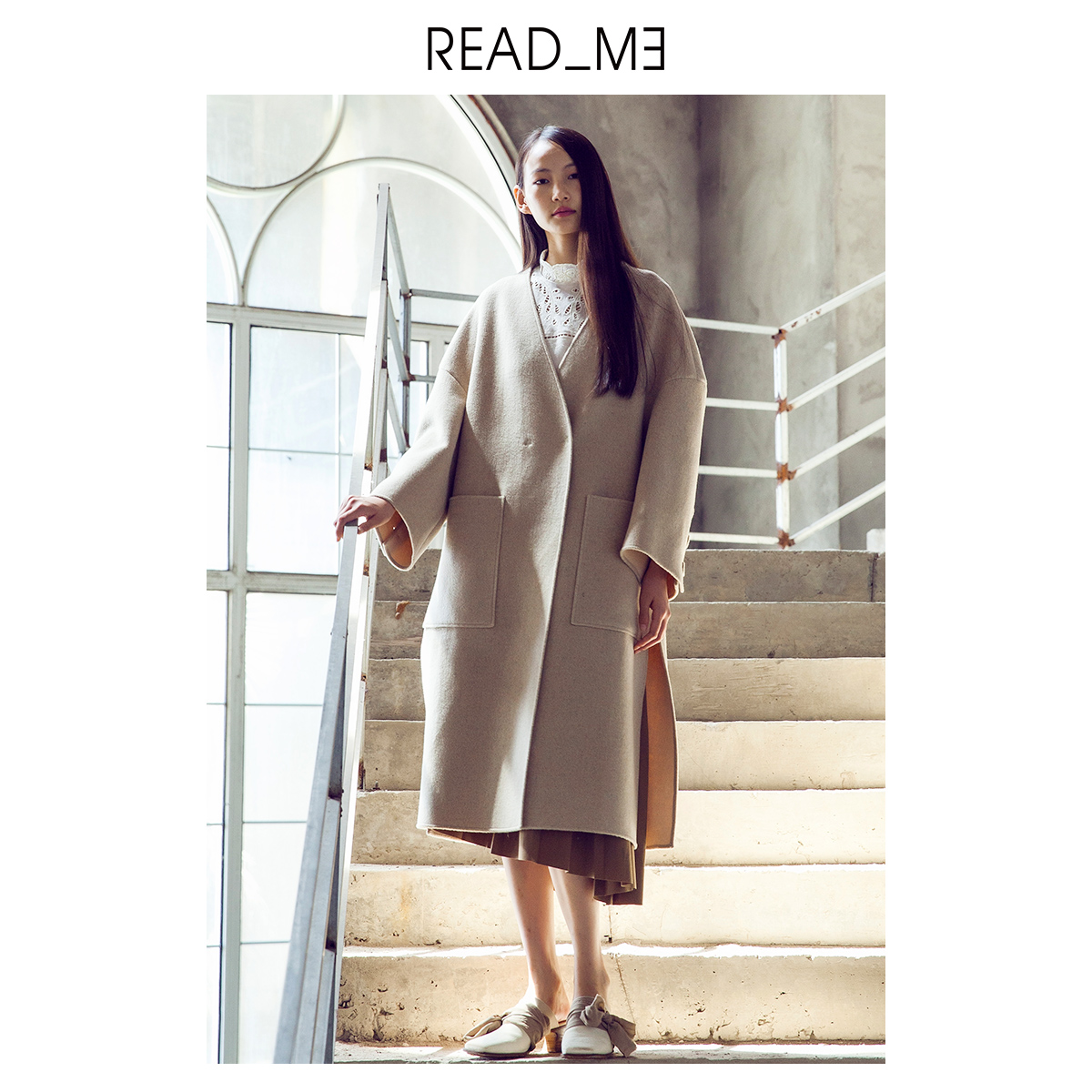 秋冬读我极简无领羊毛双面呢大衣