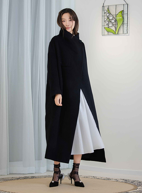 READ_ME读我黑色连立领廓形大衣G80903288