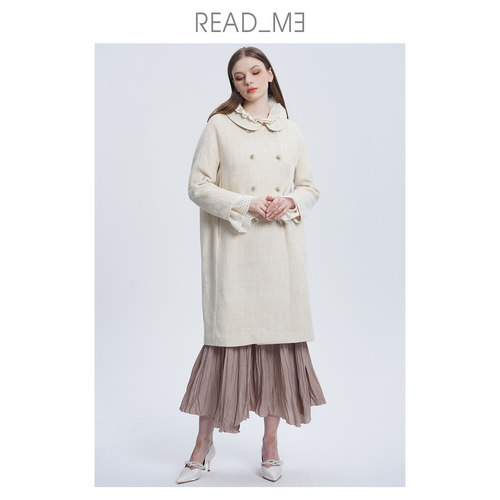 readme羊毛中长款双排扣大衣