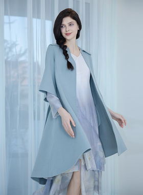 READ_ME读我海军领修身粉蓝系带A摆羊毛大衣B10940526