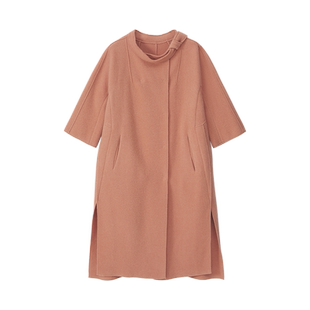 Readme读我秋冬新品女七分袖气质桔红色飘带领直身大衣D10901399