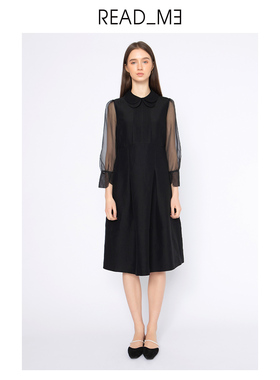 readme读我女士连衣裙中长黑色双层领显瘦复古真丝欧根纱70804106