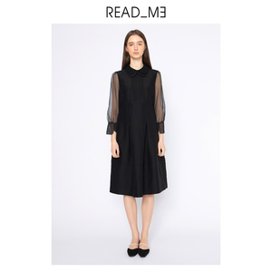 readme读我女士连衣裙中长黑色双层领显瘦复古真丝欧根纱70804106