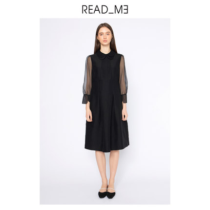 readme读我女士连衣裙中长黑色双层领显瘦复古欧根纱70804106