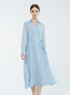 Readme读我春夏新品女蓝色系带优雅斜襟提花系带连衣裙B10820331